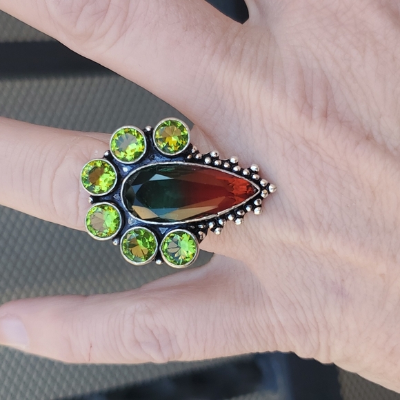 New Bi-Color Tourmaline & Peridot 925 Silver Statement Ring. - Picture 10 of 16